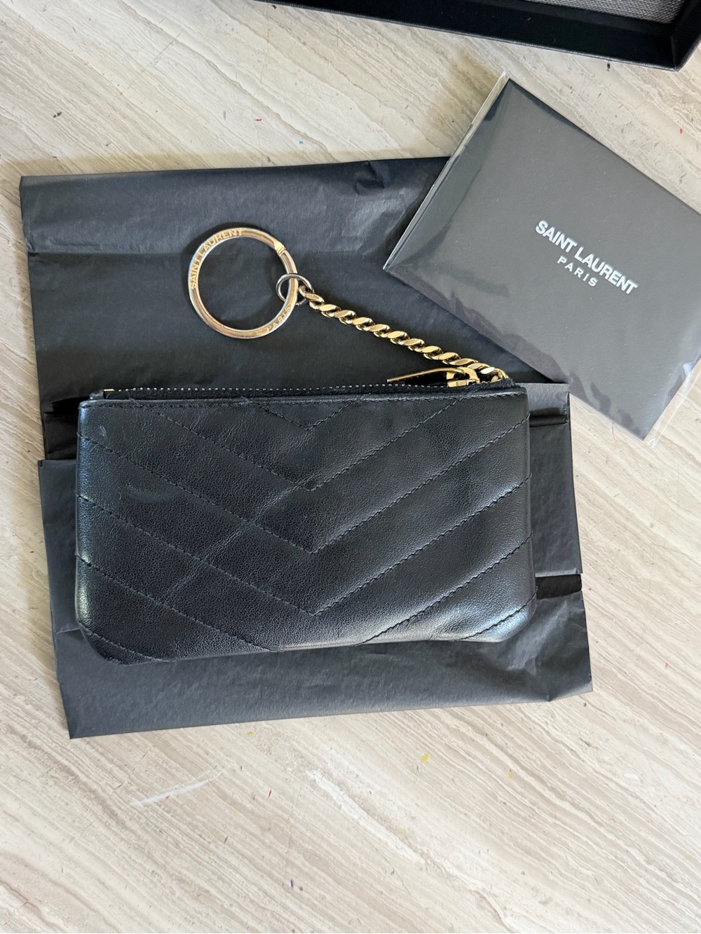 Saint Laurent Black Quilted Leather Key Ring Pouch with Gold YSL - Picture 4 of 8